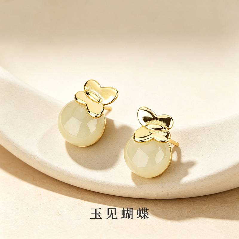 Butterfly and jade earrings, made of 925 sterling silver and plated with 14K gold, featuring a forest-inspired, artistic, and vintage design in a new Chinese style, perfect as a gift