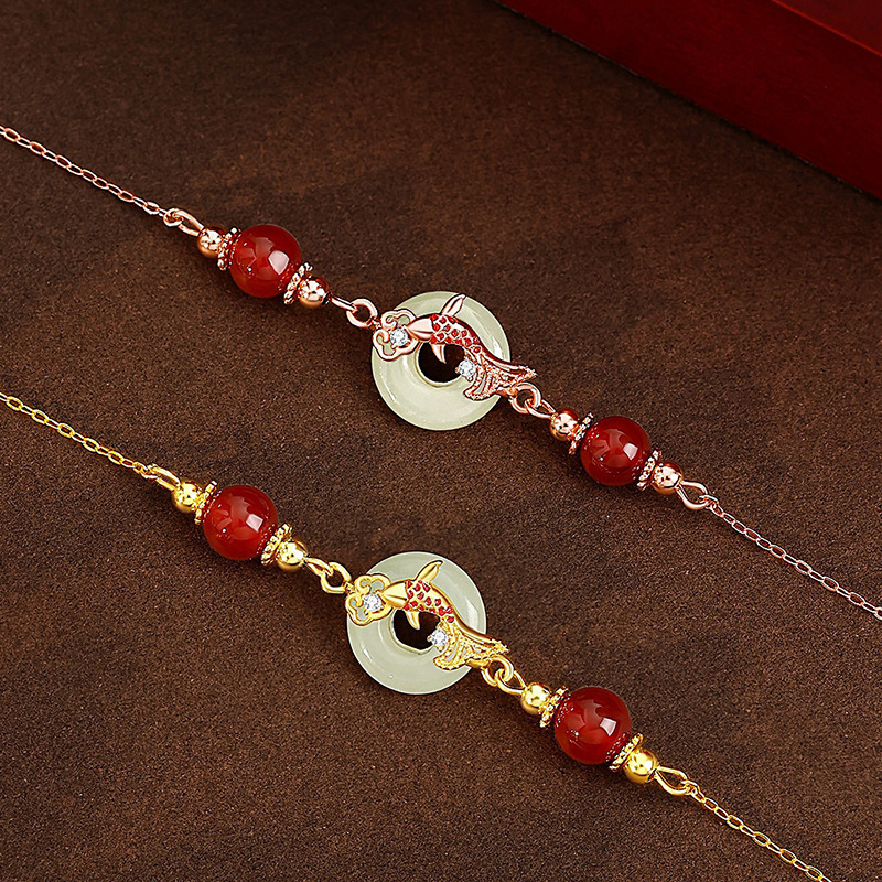 Original design: Peace knot and koi fish bracelet for women, made of pure silver, featuring a retro, Chinese-style, and new Chinese court aesthetic, with Hetian jade embellishments