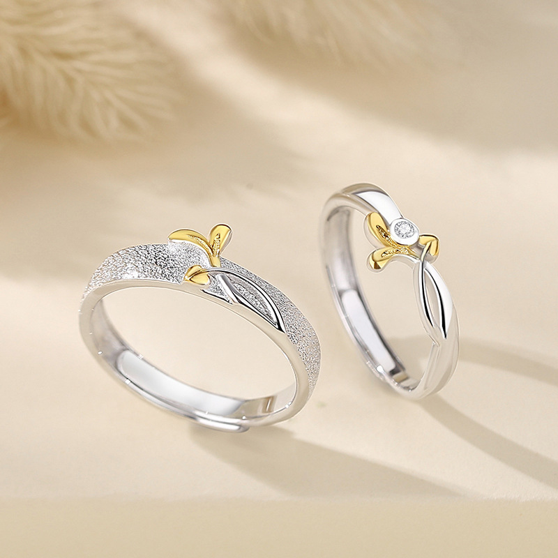Original love-themed couple rings, sterling silver 925, Korean-style, niche design, featuring a forest-inspired leaf and heart motif