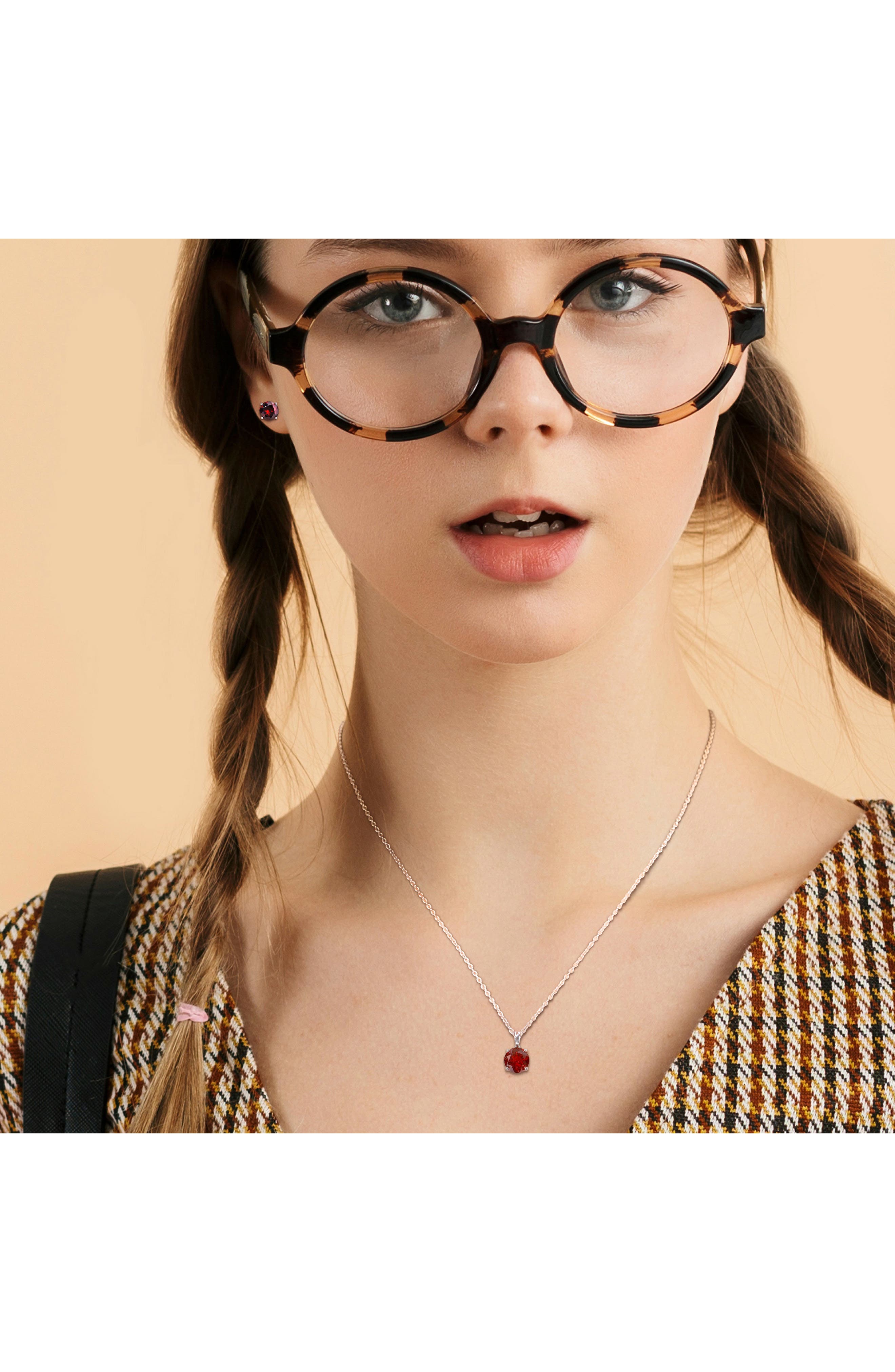 DELMAR Garnet Solitaire Pendant Necklace & Stud Earrings Set