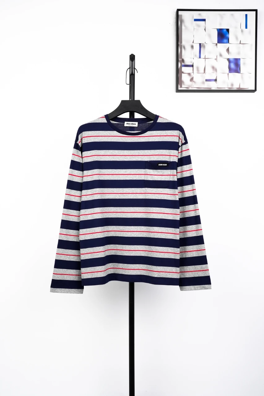 Miu Miu Navy Pink Stripe Pocket Long Sleeve T-Shirt product photo from LabelPicks
