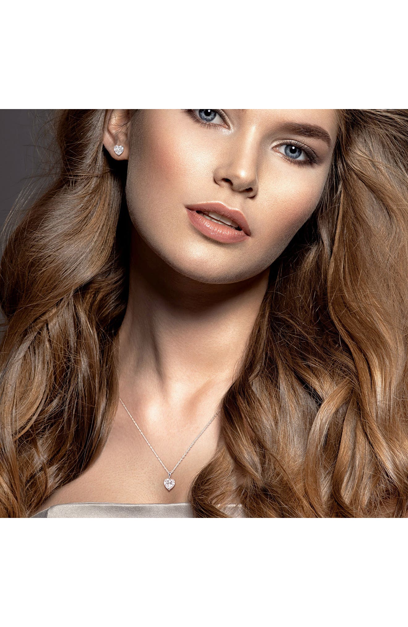 DELMAR Heart Cut Lab Created White Moissanite Solitaire Pendant Necklace & Stud Earrings Set