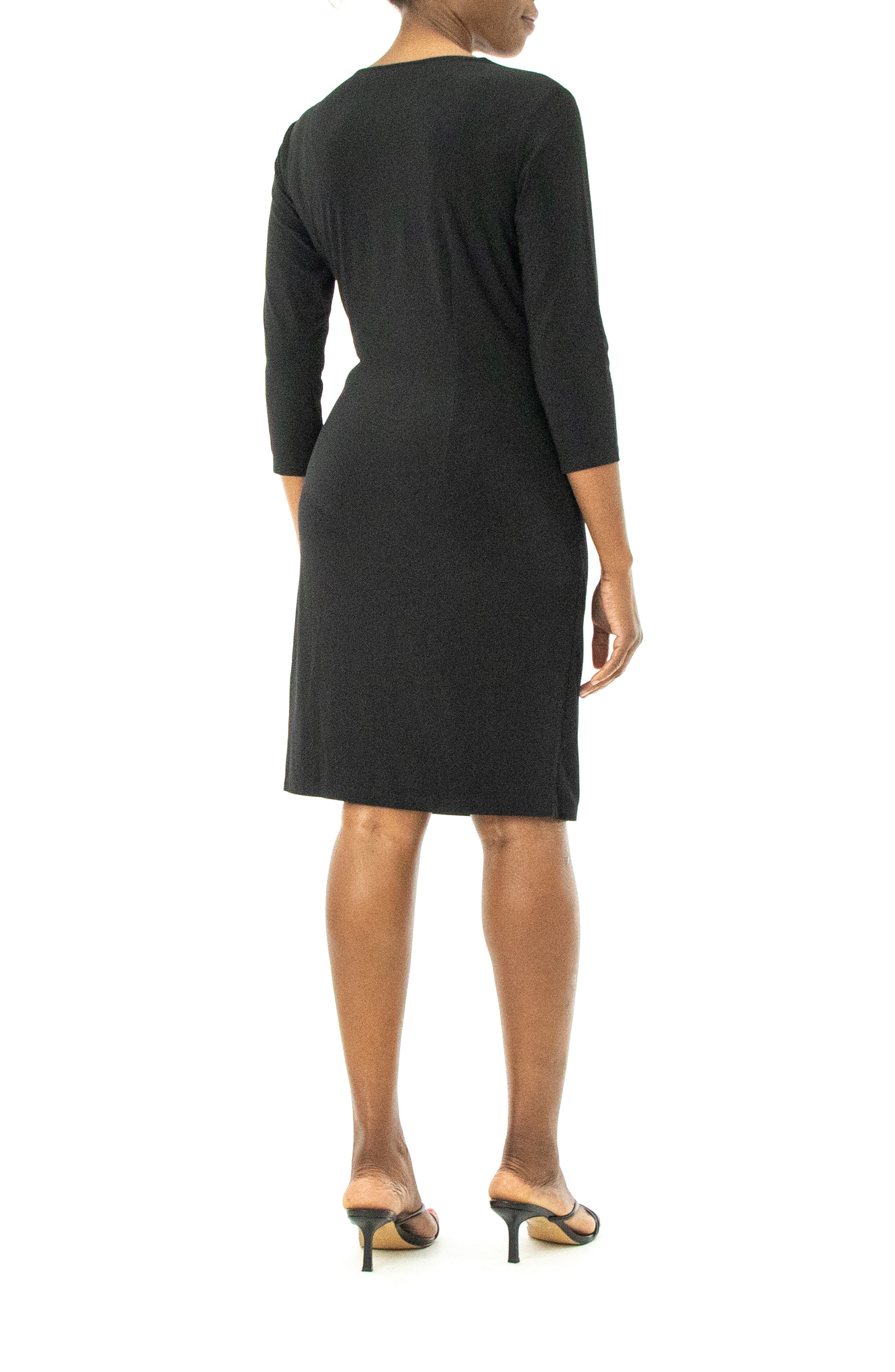 Nina Leonard Surplice Neck Three-Quarter Sleeve O-Ring Faux Wrap Dress