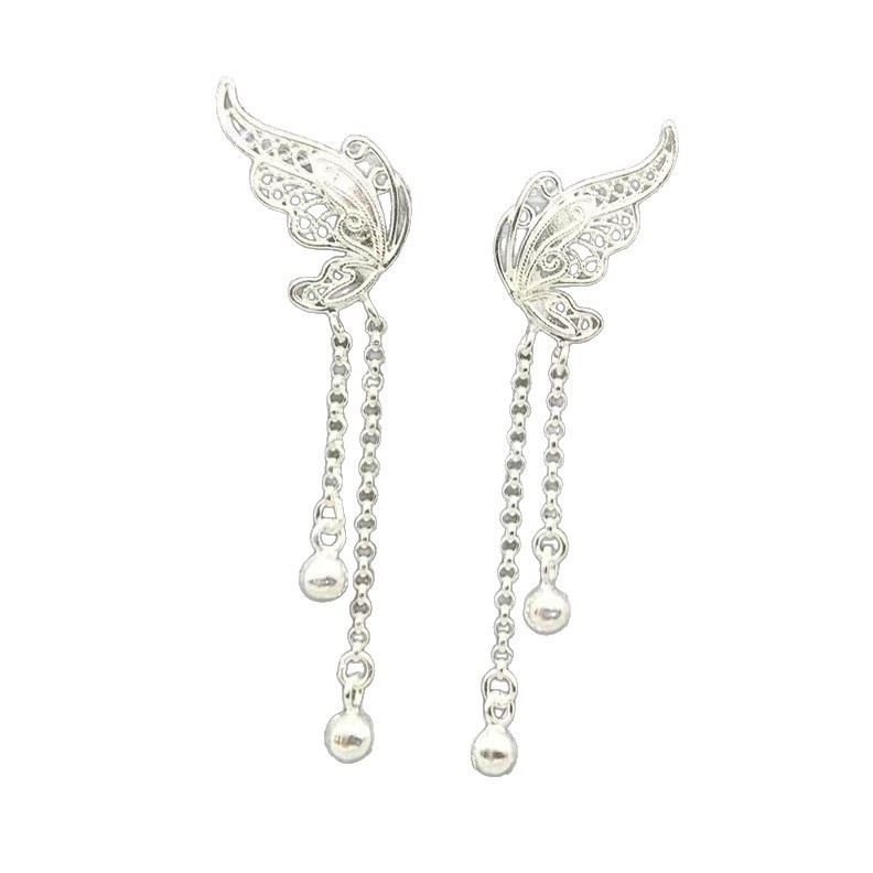 S925 Sterling Silver Filigree Butterfly Dangle Earrings| Beaded Tassel Design