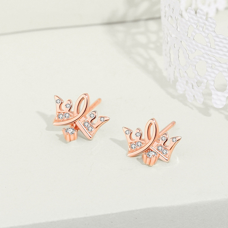 Crown earrings for women, pure silver, simple micro-inlaid zircon earrings, compact and versatile, rose gold ear jewelry