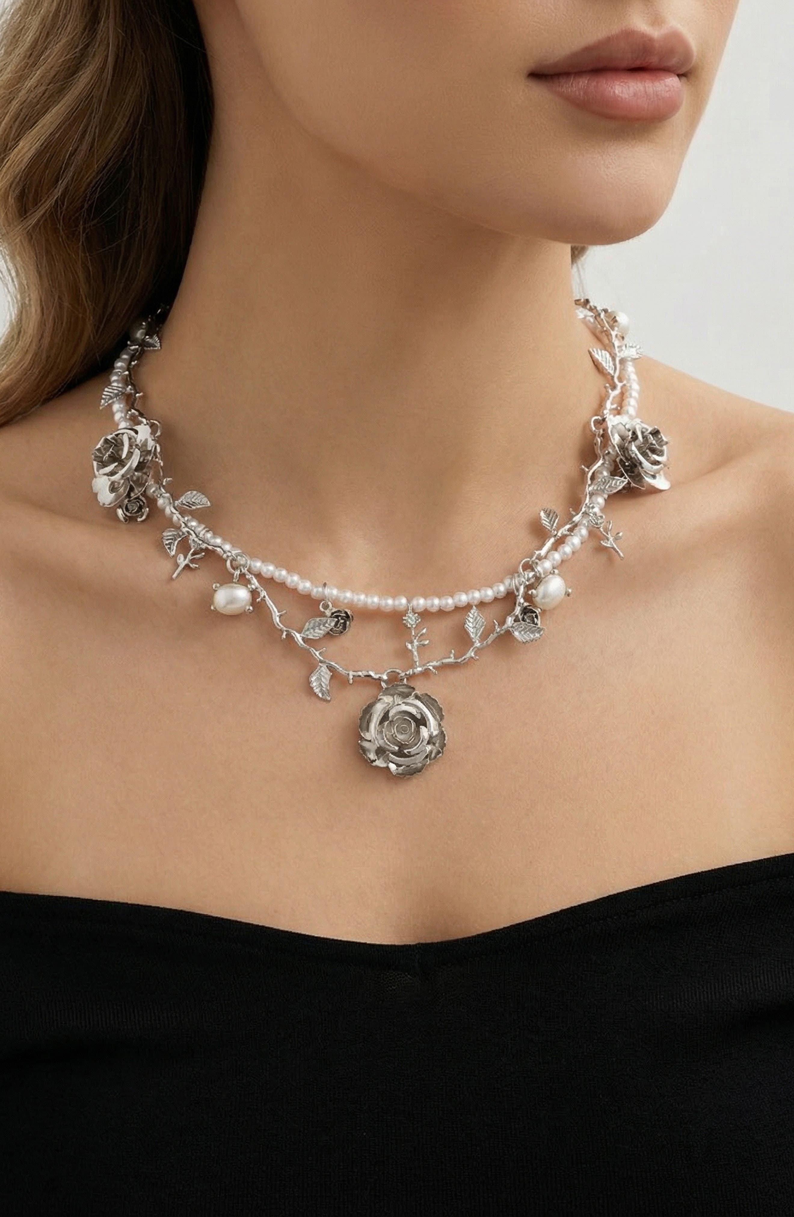 JARDIN Set of 2 Faux Pearl & Rose Vine Necklaces (Nordstrom Exclusive)