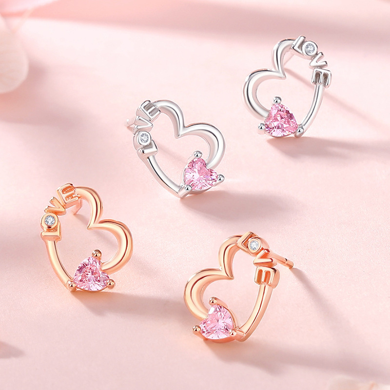 Love heart-shaped earrings for women, made of 925 sterling silver, in a summer Korean style, adorned with cubic zirconia, featuring a unique and luxurious design