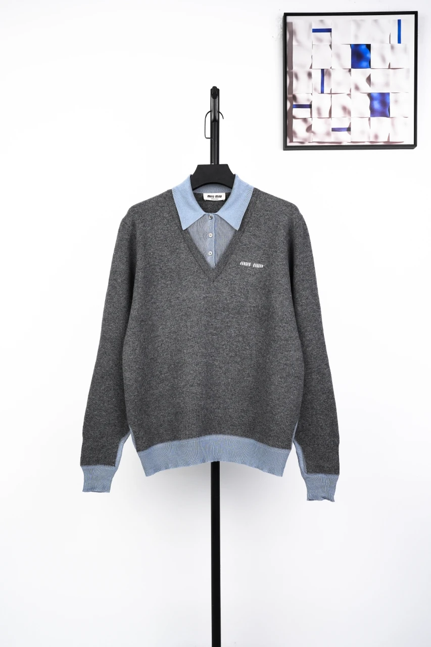 Miu Miu Grey Blue Contrast Collar Polo Sweater product photo from LabelPicks