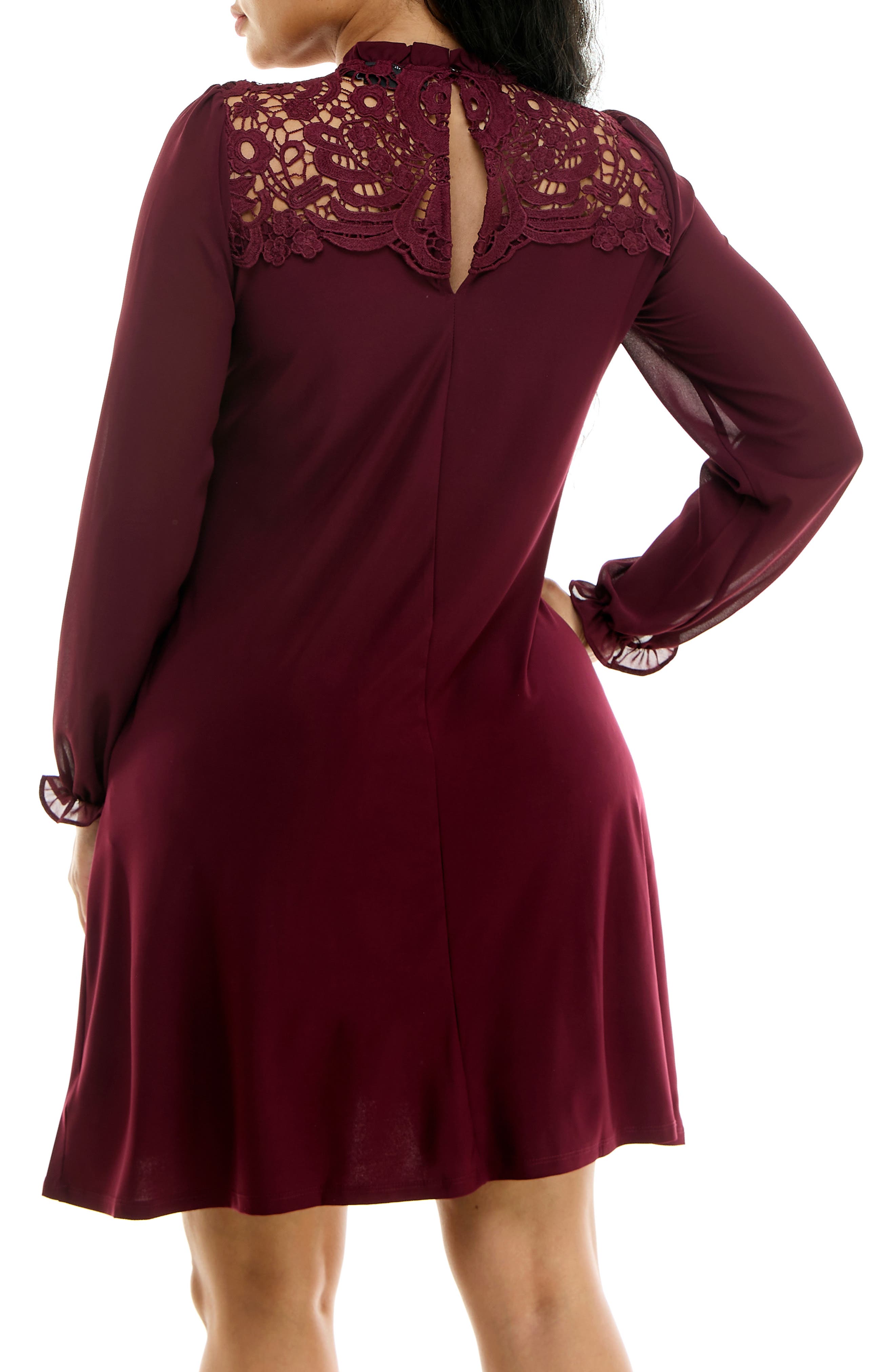 Nina Leonard Lace Yoke Long Sleeve Trapeze Dress