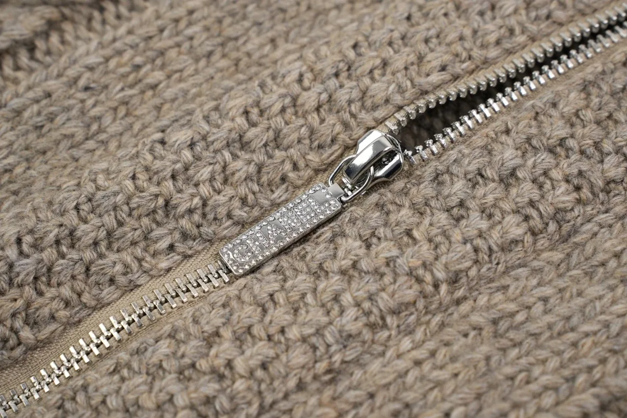 CHANEL Taupe Grey Cable-Knit Zip Jacket product photo from LabelPicks