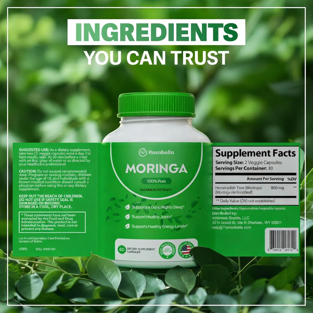 Rosabella Moringa Capsules - Pure Moringa Oleifera Leaf Powder, Packed With Antioxidants, Essential Vitamins & Amino Acids, Boosts Energy, Skin, Immune & Gut Health - 60 Unflavored Veggie Capsules Non-GMO, Gluten Free