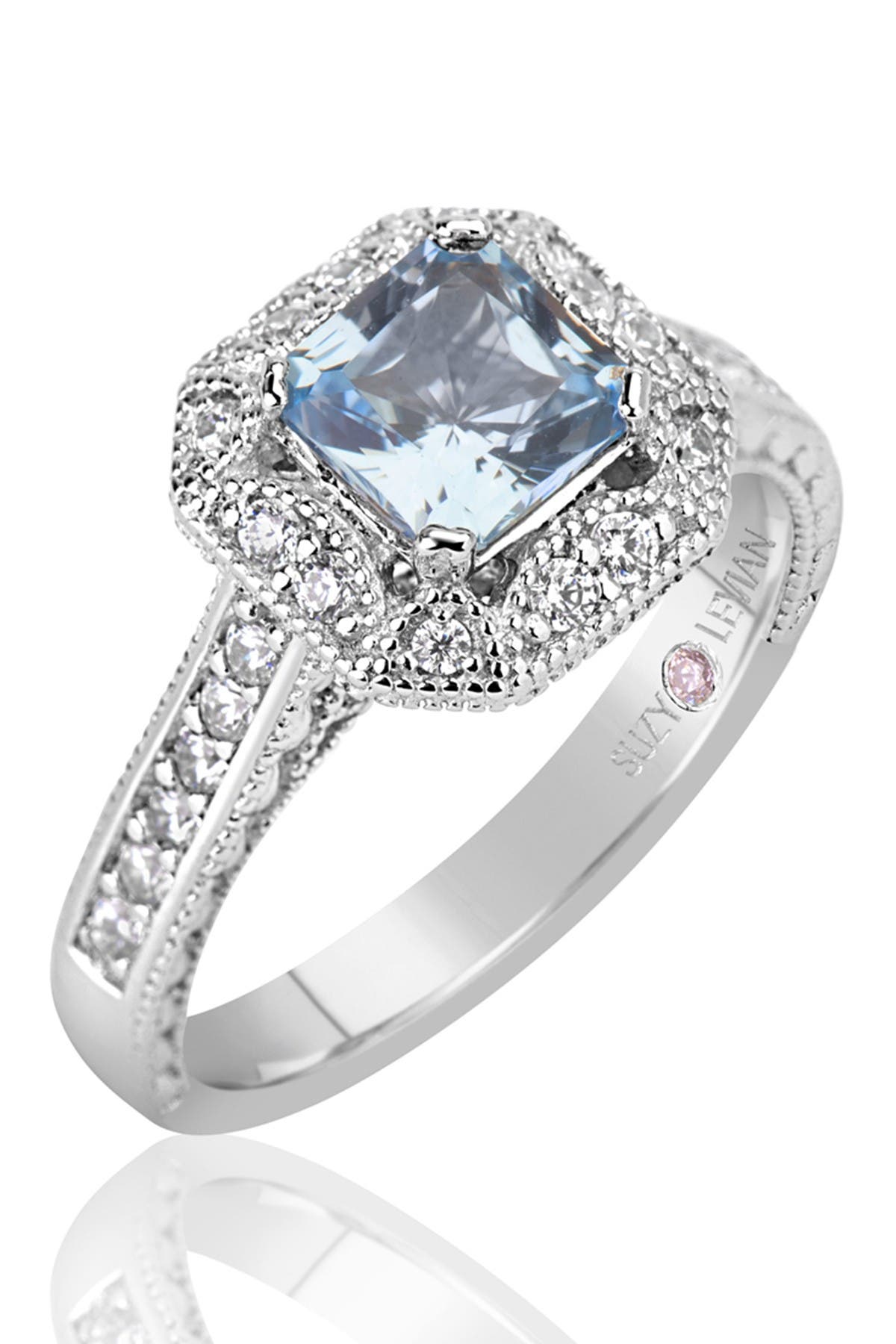 SUZY LEVIAN Sterling Silver Asscher Cut Cubic Zirconia Aquamarine Engagement Ring
