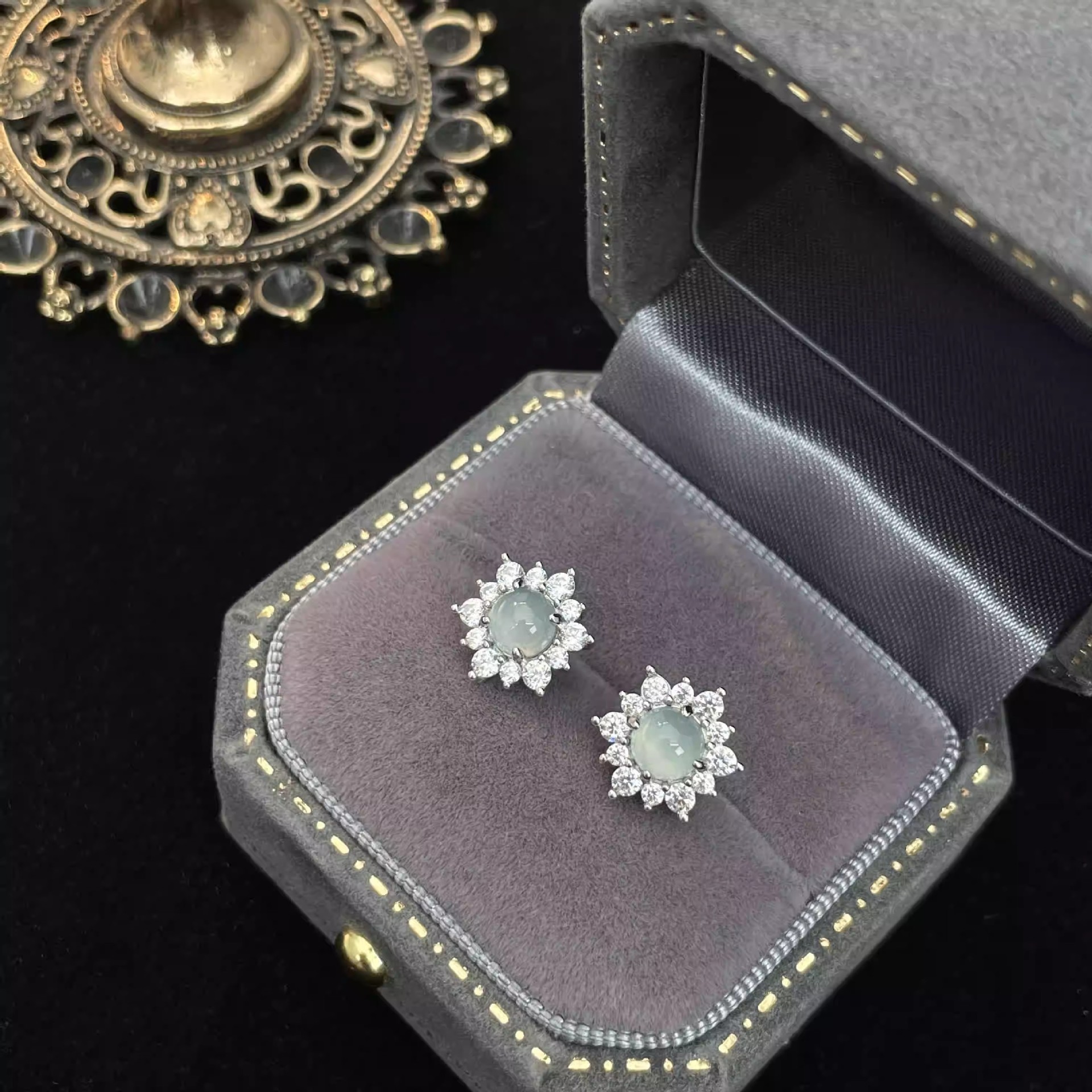 S925 Sterling Silver Blue Jade Sunflower Stud Earrings| Chinese Inspired Jewelry