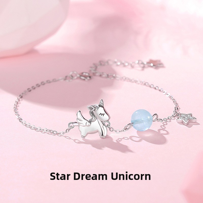Original Star Dream Unicorn Bracelet for Women, Pure Silver, Summer, Ins Style, Niche, Girly Heart Bracelet, Aquamarine Jewelry, Summer, Ins Style, Niche, Girly Heart Bracelet, Aquamarine Jewelry