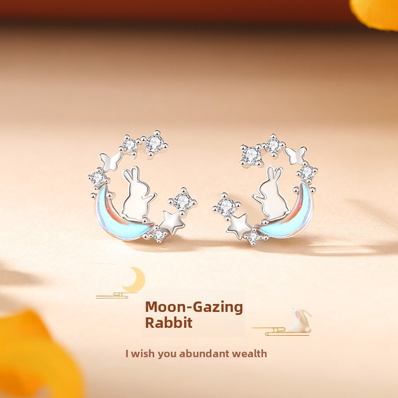 Original Moon Rabbit Earrings for Women, Pure Silver, Retro New Chinese Style, Moonstone, Star and Moon, Cute Rabbit Earrings, Girly Heart Jewelry