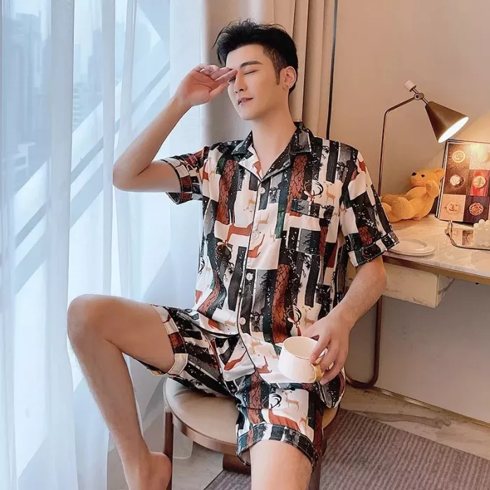 Short-sleeved pajamas men's summer thin ice silk silk plus fat plus size home service suit