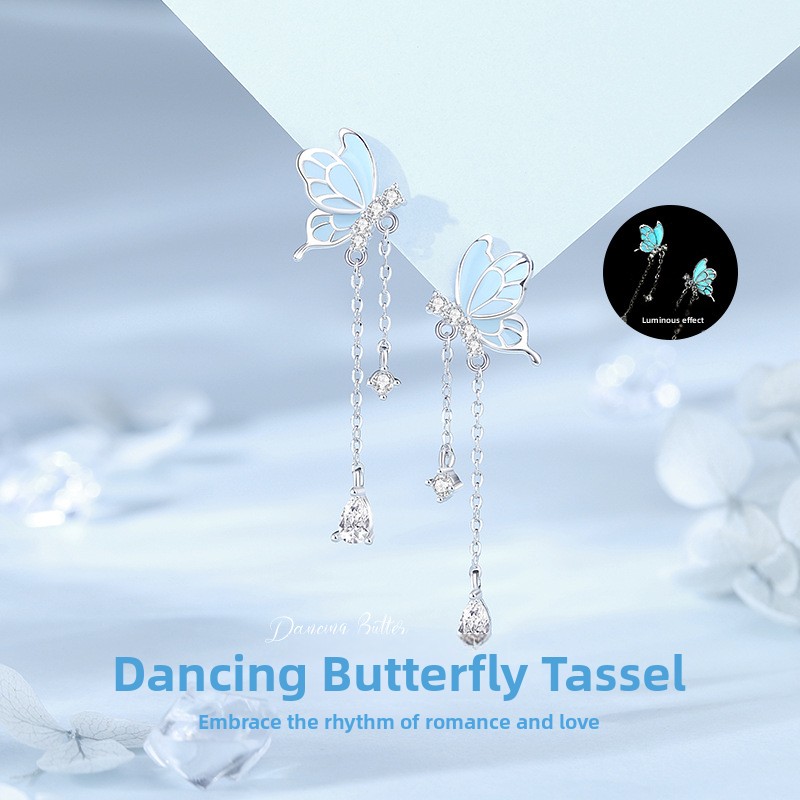 Original butterfly luminous earrings, 925 sterling silver, minimalist and fresh style, long earrings, popular tassel earrings for women