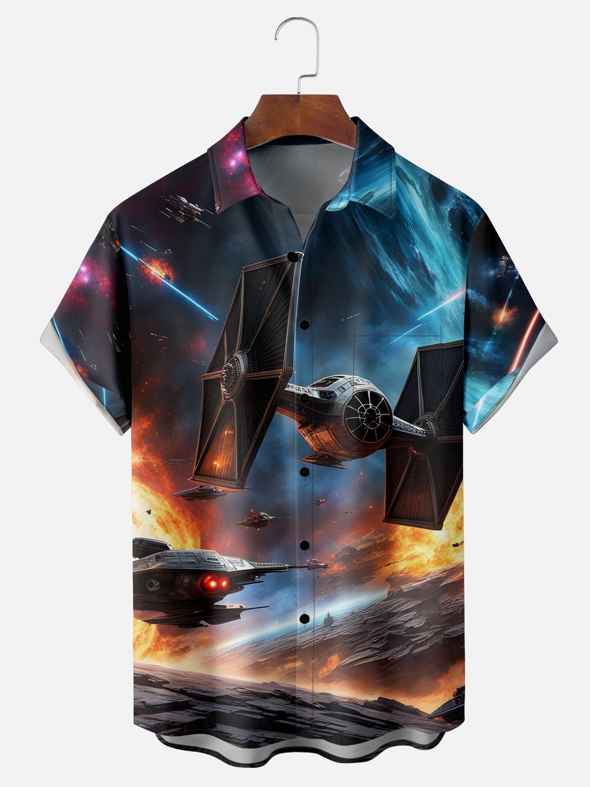 Moisture-wicking Spaceship Chest Pocket Hawaiian Shirt