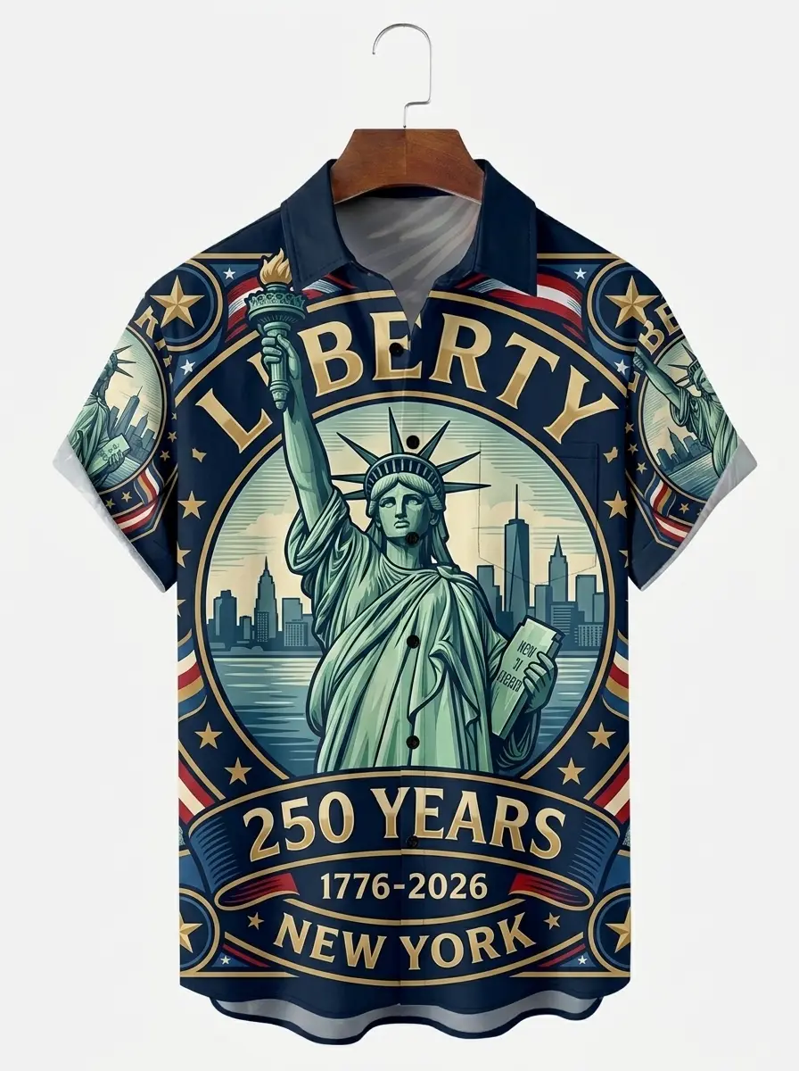 Men's printed shirts, Liberty 250 Years New York Statue of Liberty Aloha Shirt