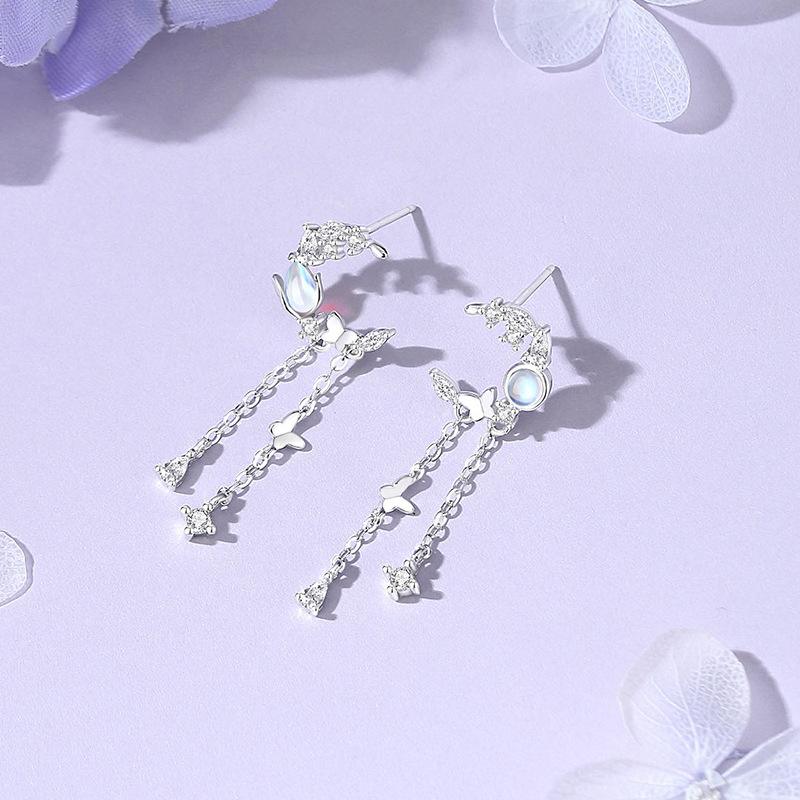 Original Tulip Butterfly Earrings for Women, Korean Style, Fresh and Natural Moonstone Tassel Earrings, Christmas Ear Accessories