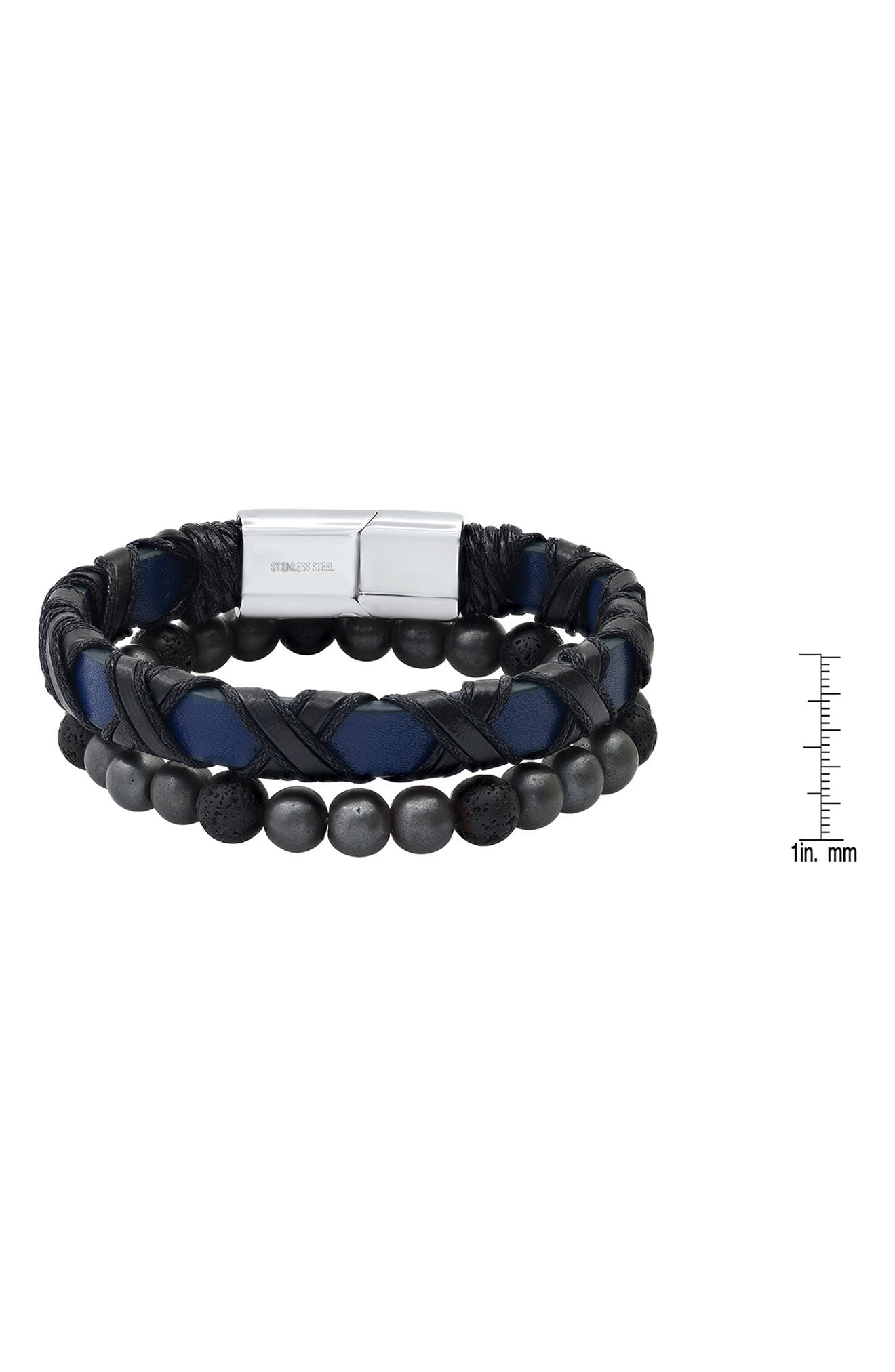 HMY JEWELRY Stainless Steel Wrapped Leather & Lava Rock Beaded Bracelet Set