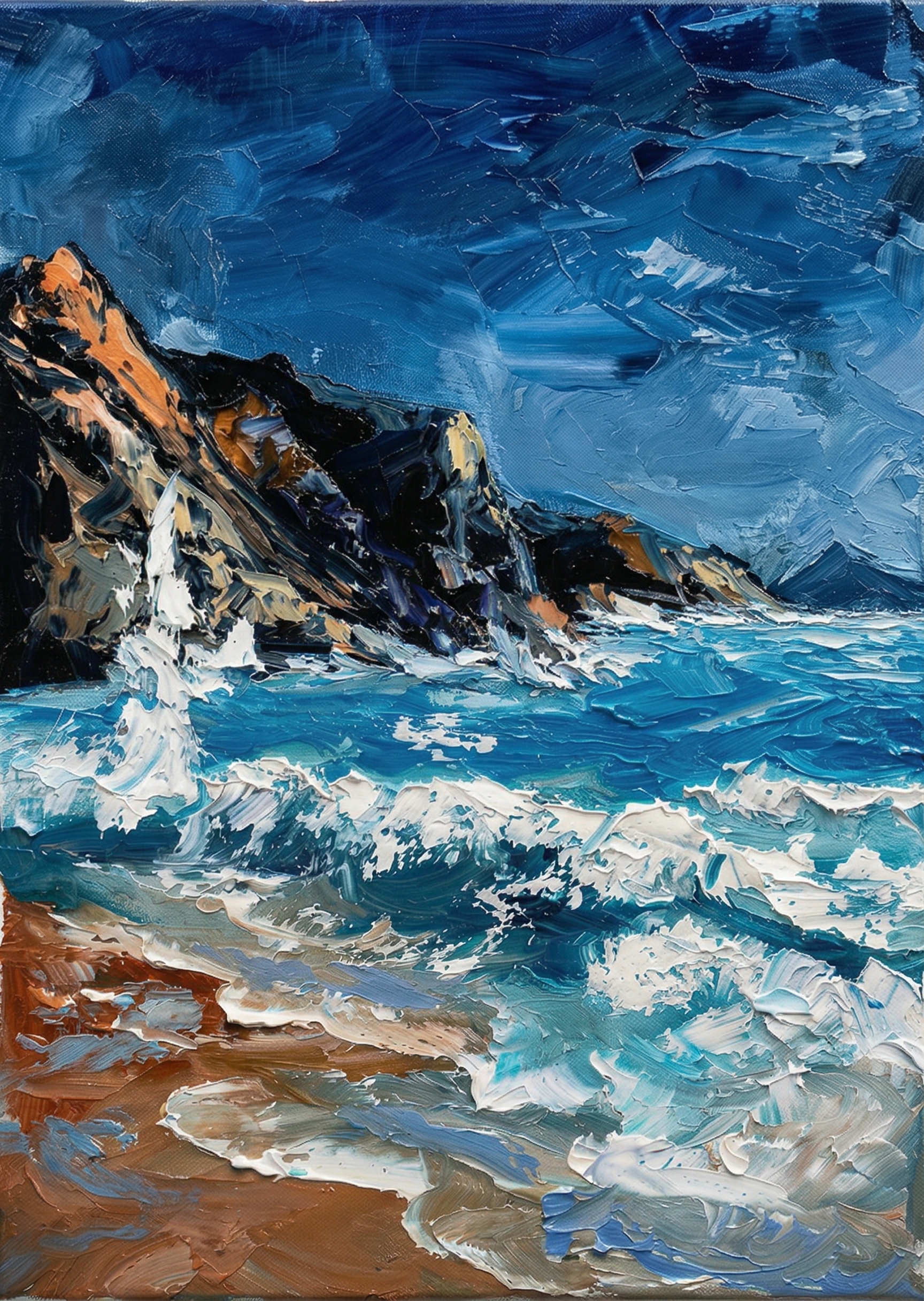 Textured impasto seascape oil painting showing crashing blue waves on a rocky beach