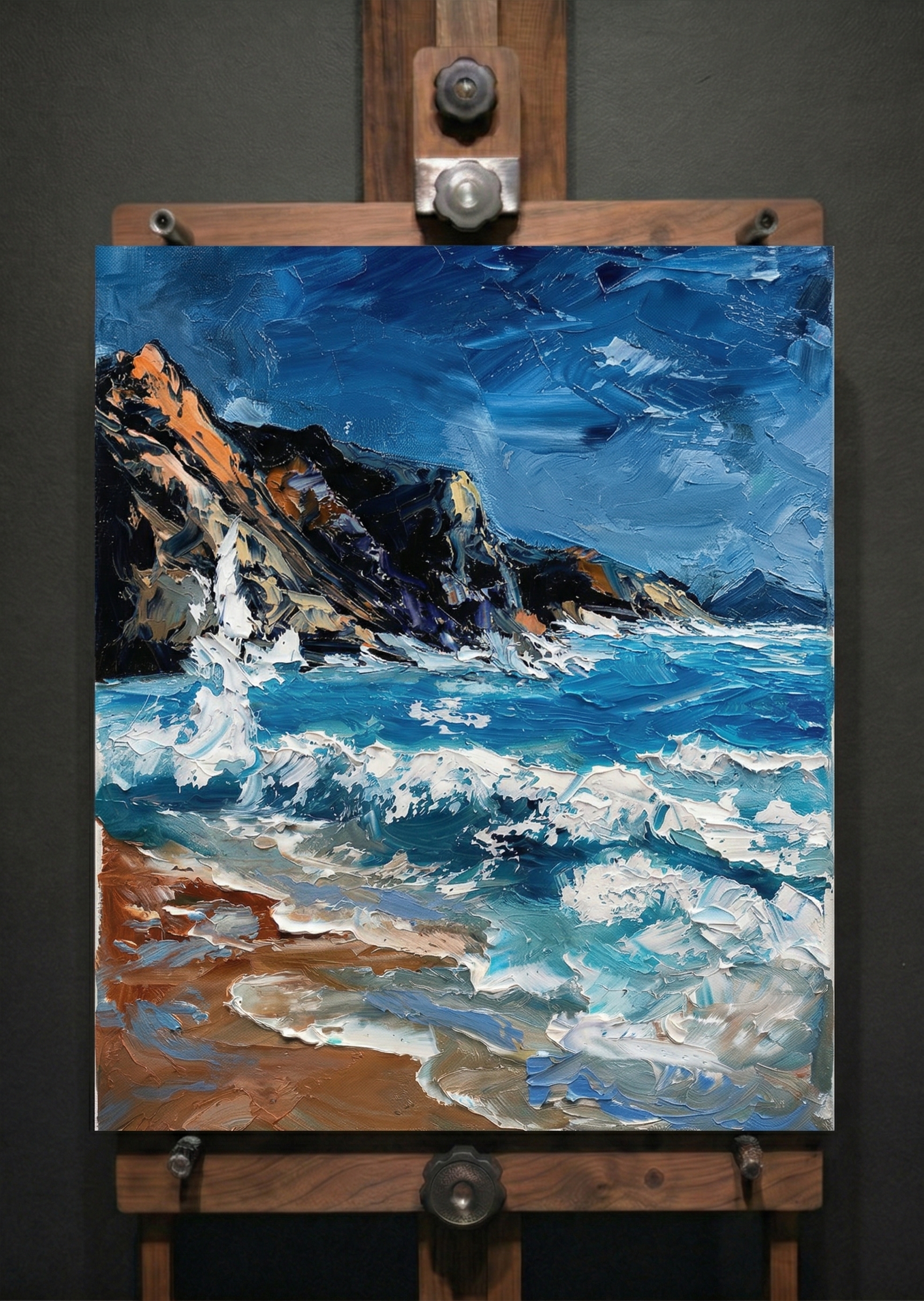 Original coastal artwork on canvas featuring vibrant ocean waves and sandy shore