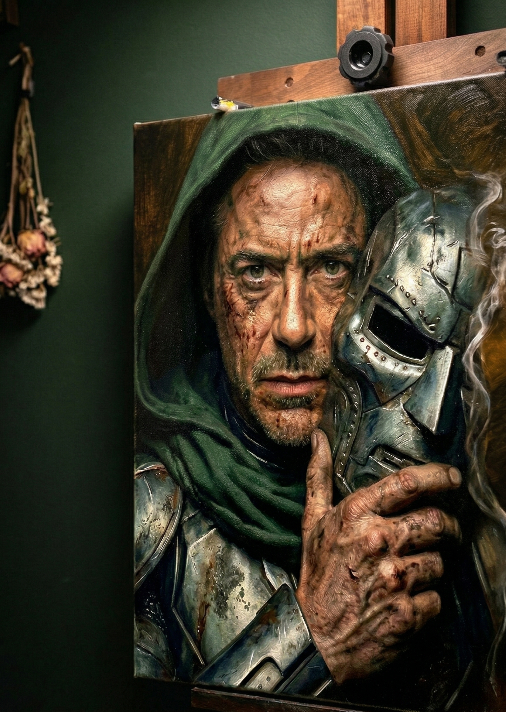 Canvas print of Robert Downey Jr Doctor Doom portrait on a wooden easel