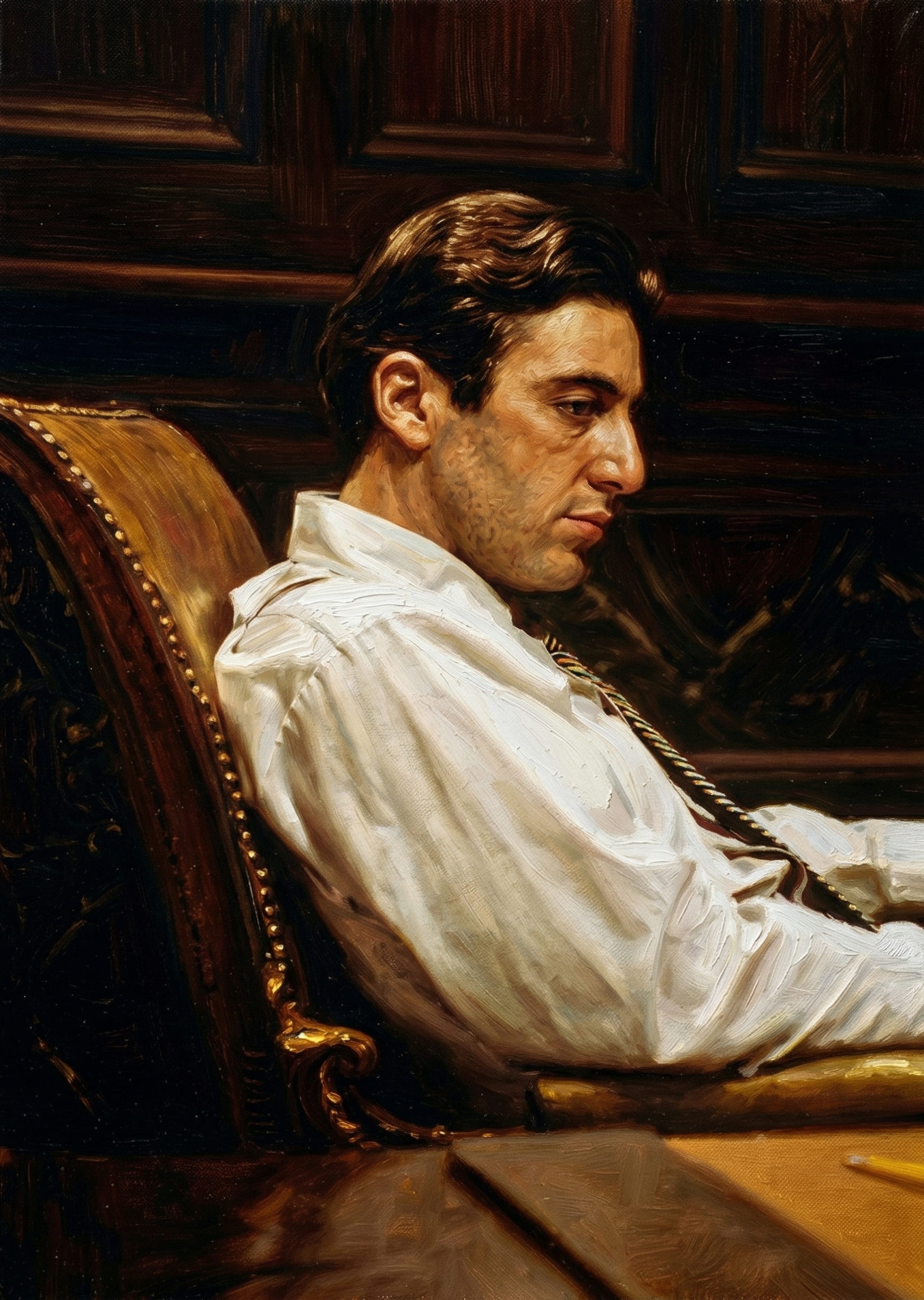 Shadows of Power: Hand-Painted Oil Portrait of a Reflective Man - casso - casso