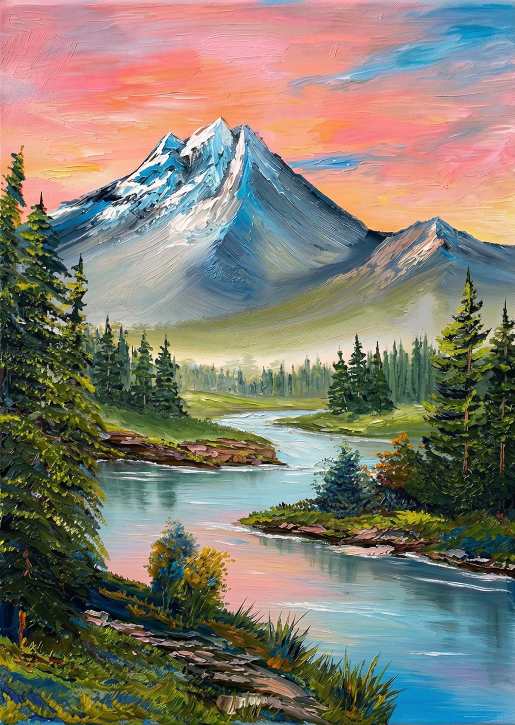 Majestic Peak and River Sunset Landscape: Hand-Painted Oil Painting - casso - casso