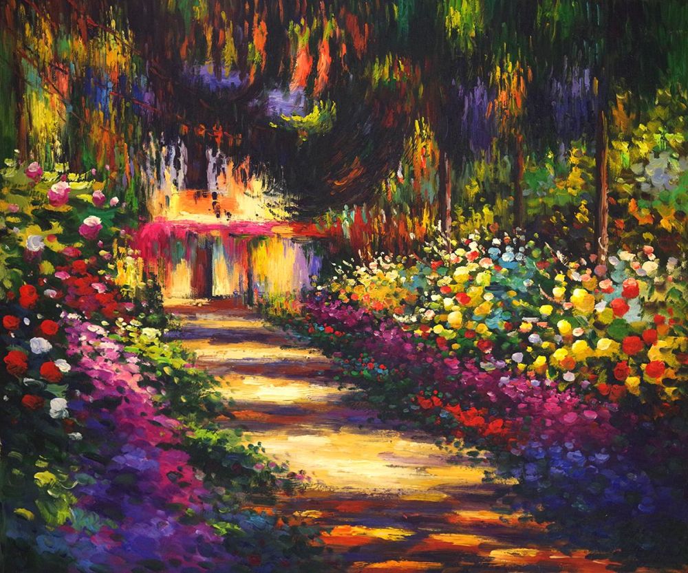 Vibrant garden landscape wall art, impressionist floral canvas print, sunlit forest path painting with warm golden light.
