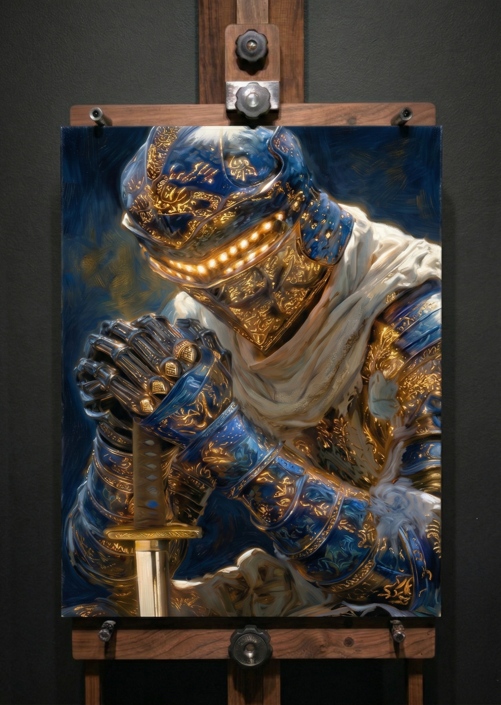 Epic fantasy warrior wall decor featuring an intricately detailed blue armored knight with glowing eyes holding a sword.