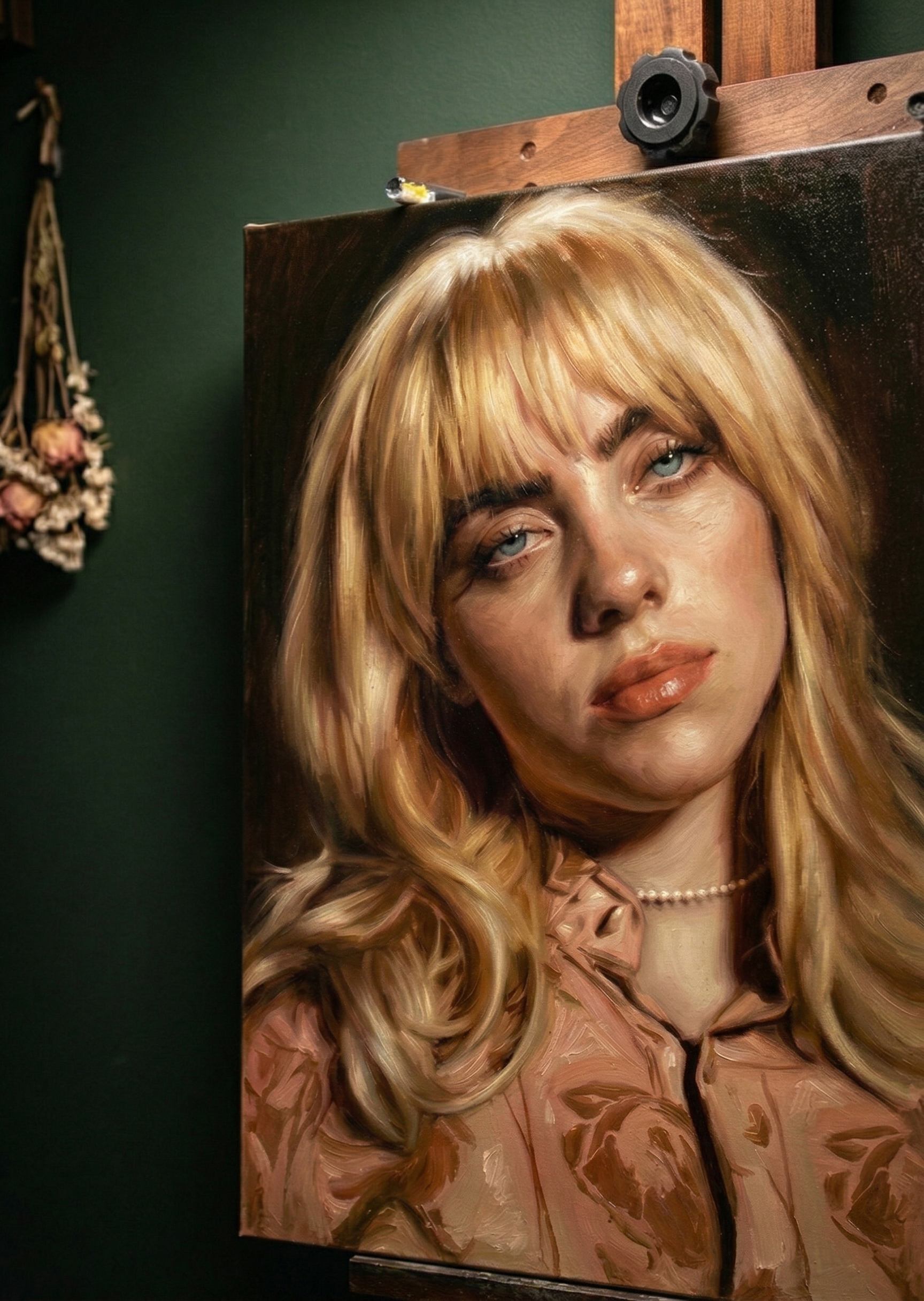Canvas painting print of blonde Billie Eilish displayed on a wooden easel