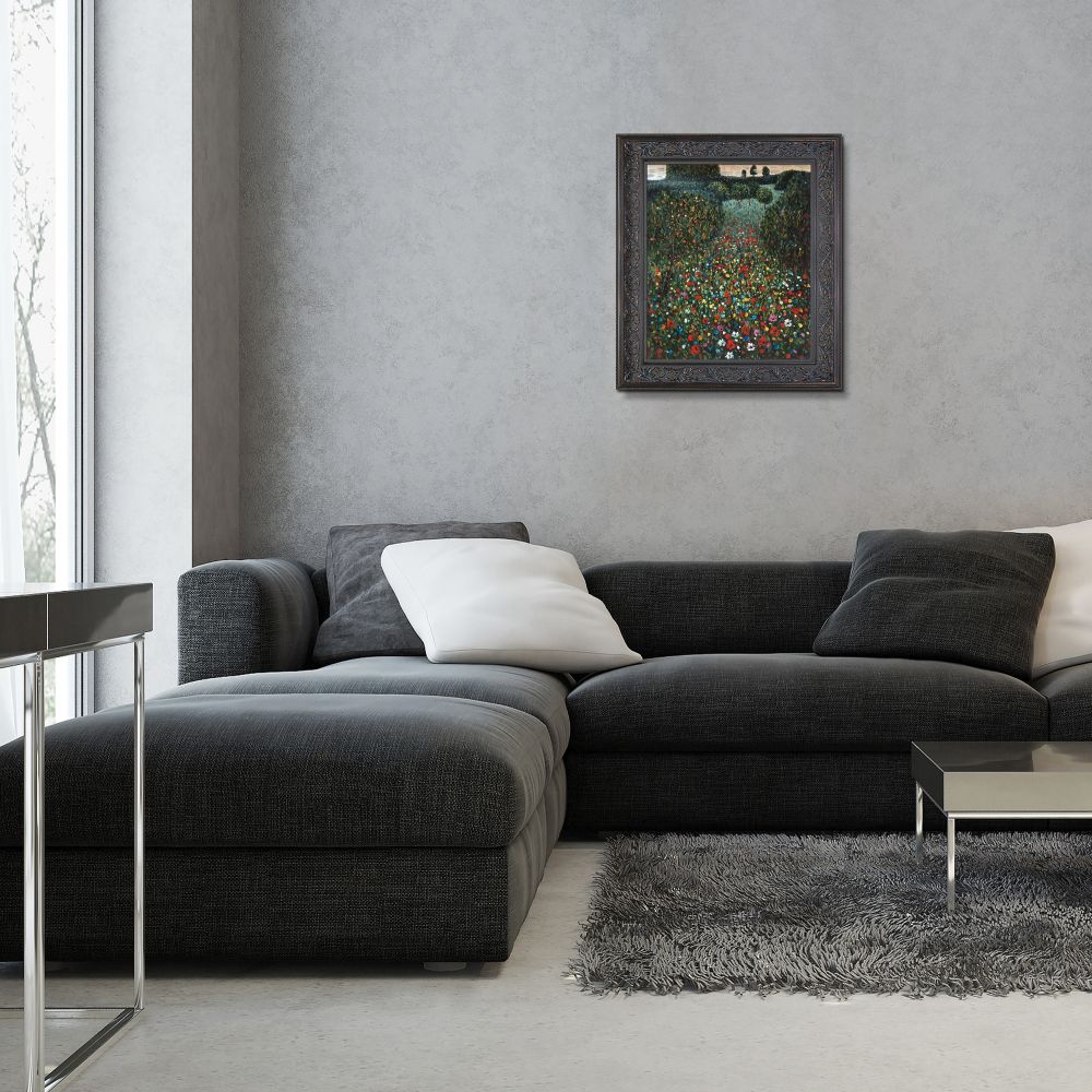 Detail of unique contemporary text painting with a field of colorful flowers (left), and the same framed artwork displayed in a modern home living room context.
