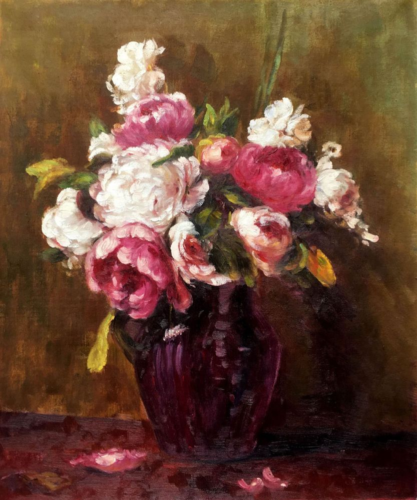 Classic oil painting of lush pink and white peonies in a dark purple vase resting on a dark red table, set against a moody olive-brown background.