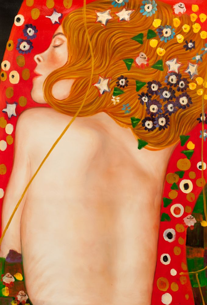 Art Nouveau style painting of a sleeping woman in profile with flowing golden hair decorated with blue flowers and stars, featuring her bare back against a vibrant red background with gold and black mosaic patterns.