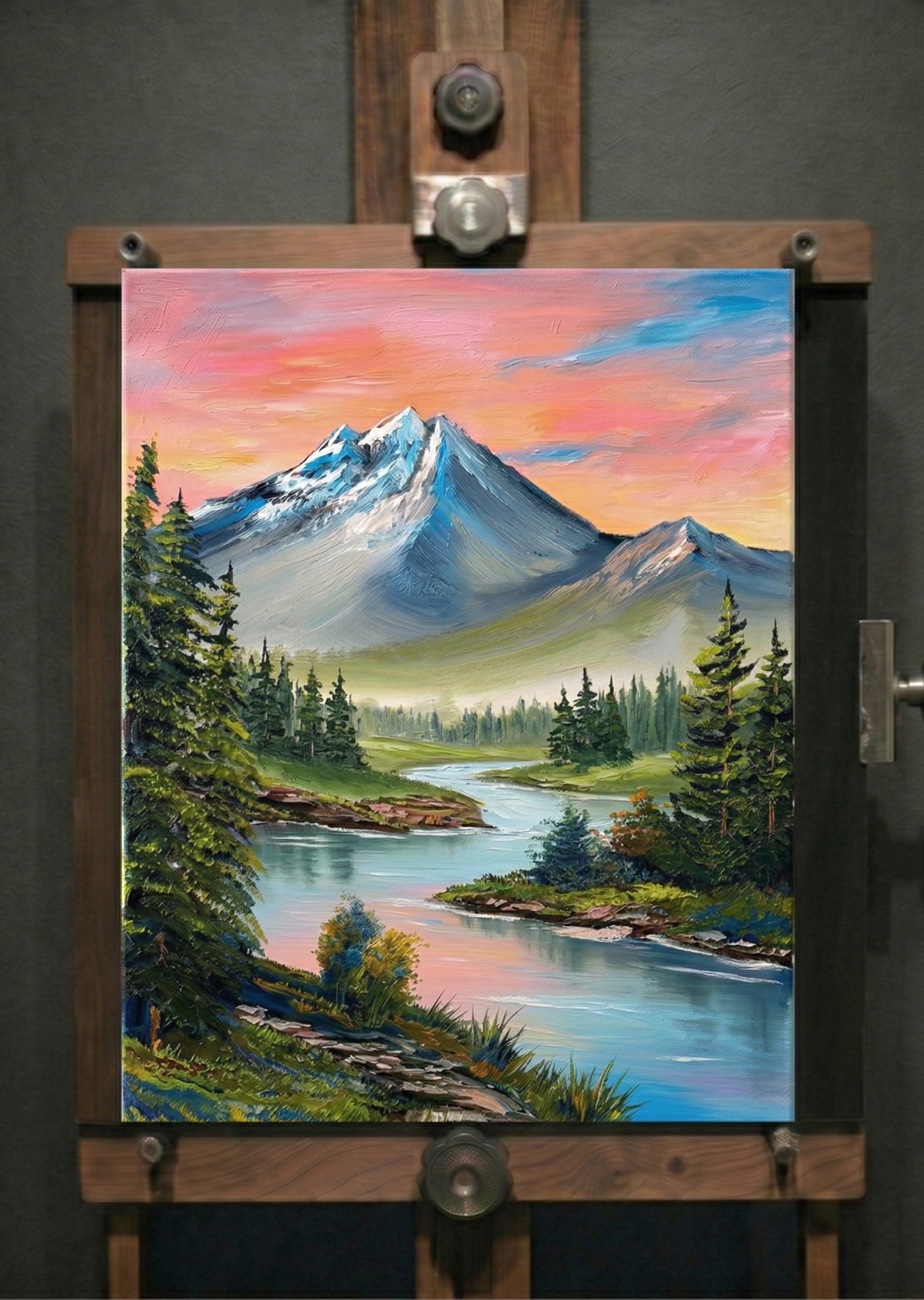 Majestic Peak and River Sunset Landscape: Hand-Painted Oil Painting - casso - casso