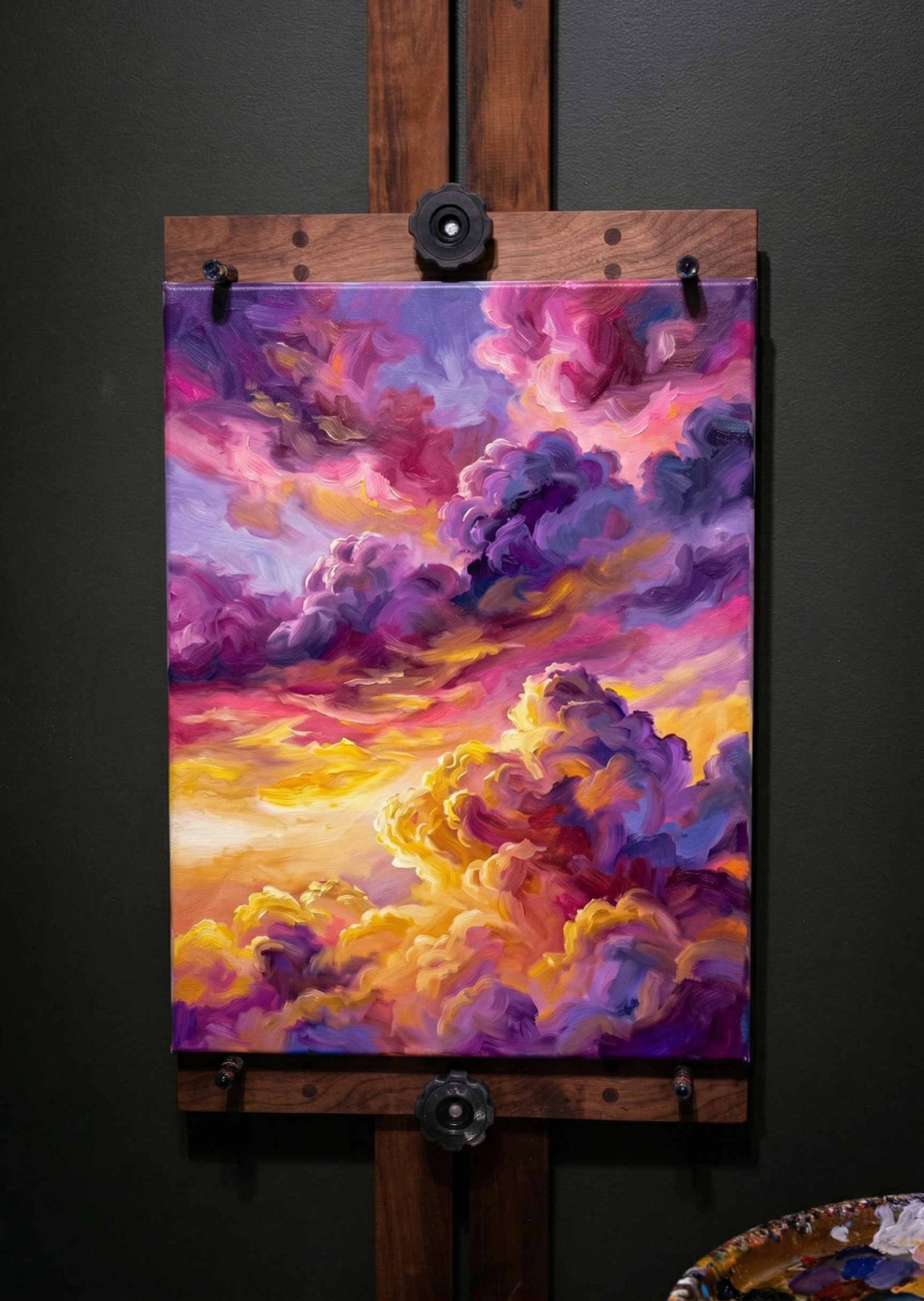 Frameless purple sunset cloud canvas art on a wooden studio easel, front view.