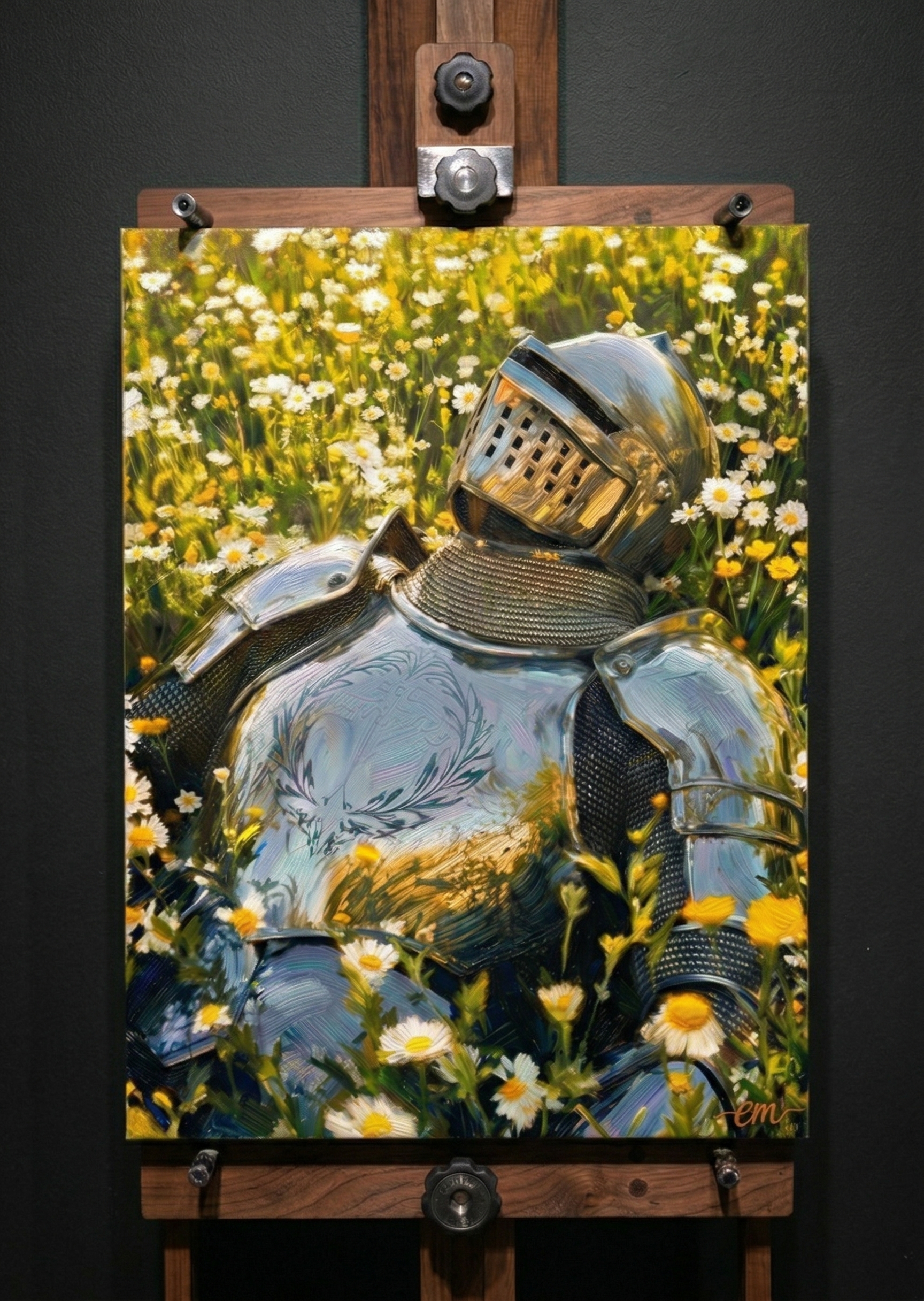 Knight in plate armor resting in a field of yellow wildflowers painting displayed on a wooden easel.