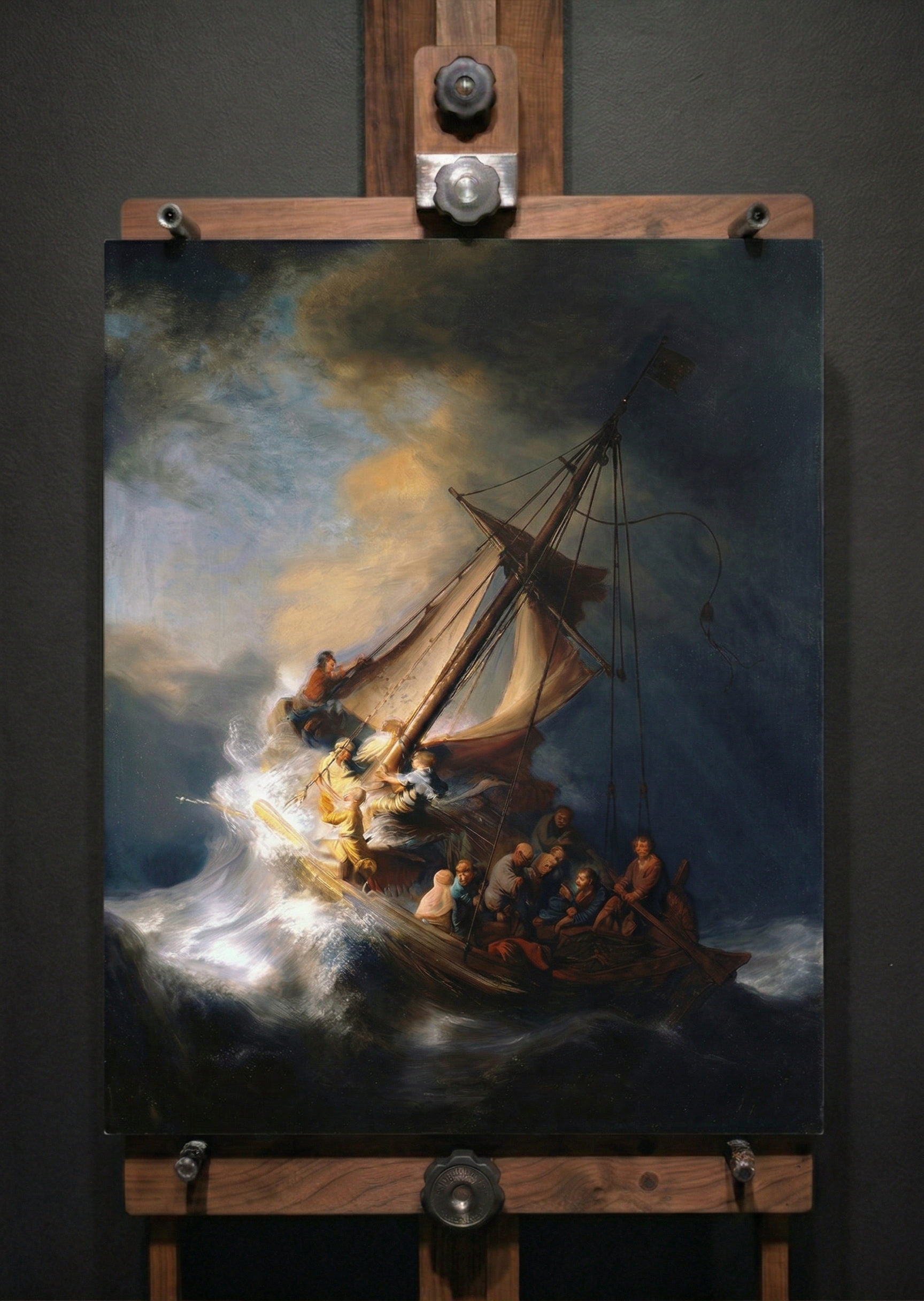 Vintage maritime wall art featuring a wooden galleon in a tempest with dramatic sunlight breaking through dark clouds.