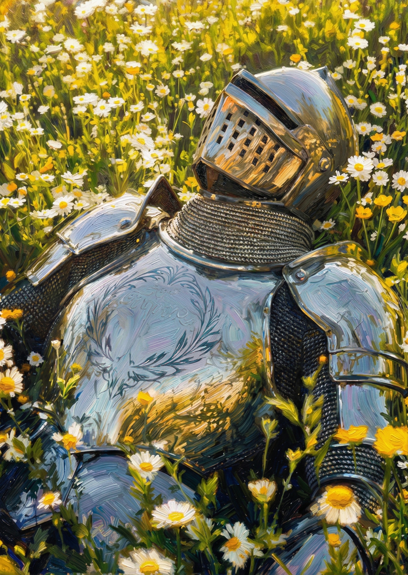 Detailed oil painting artwork of a medieval knight in shining full plate armor resting peacefully in a lush meadow of yellow daisy wildflowers.