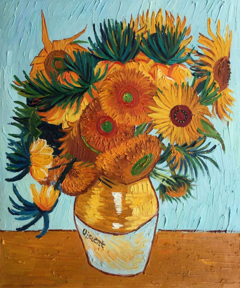 Vincent Van Gogh style sunflowers in a vase oil painting on a turquoise background.