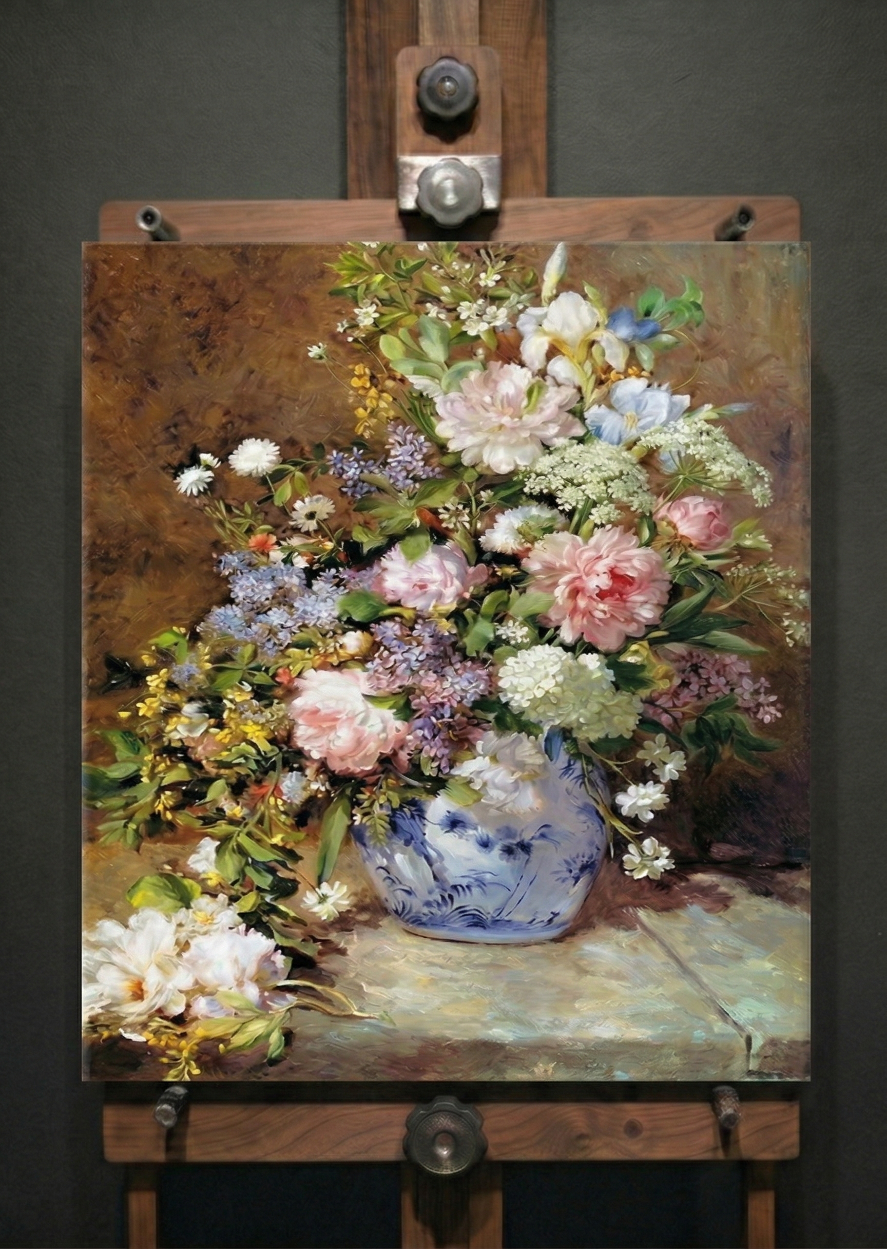 Vintage floral canvas wall art featuring blooming spring flowers in a decorative blue and white ceramic vase.