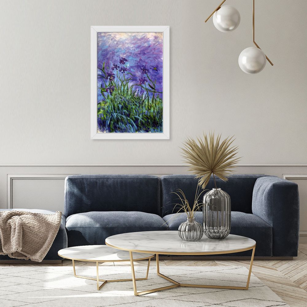 Framed iris painting for living room decor, modern home interior with blue couch and marble coffee table, floral wall decor ideas