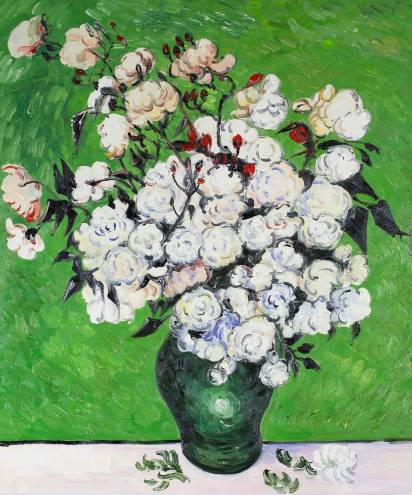Vibrant impressionist oil painting of white flowers in a green vase.
