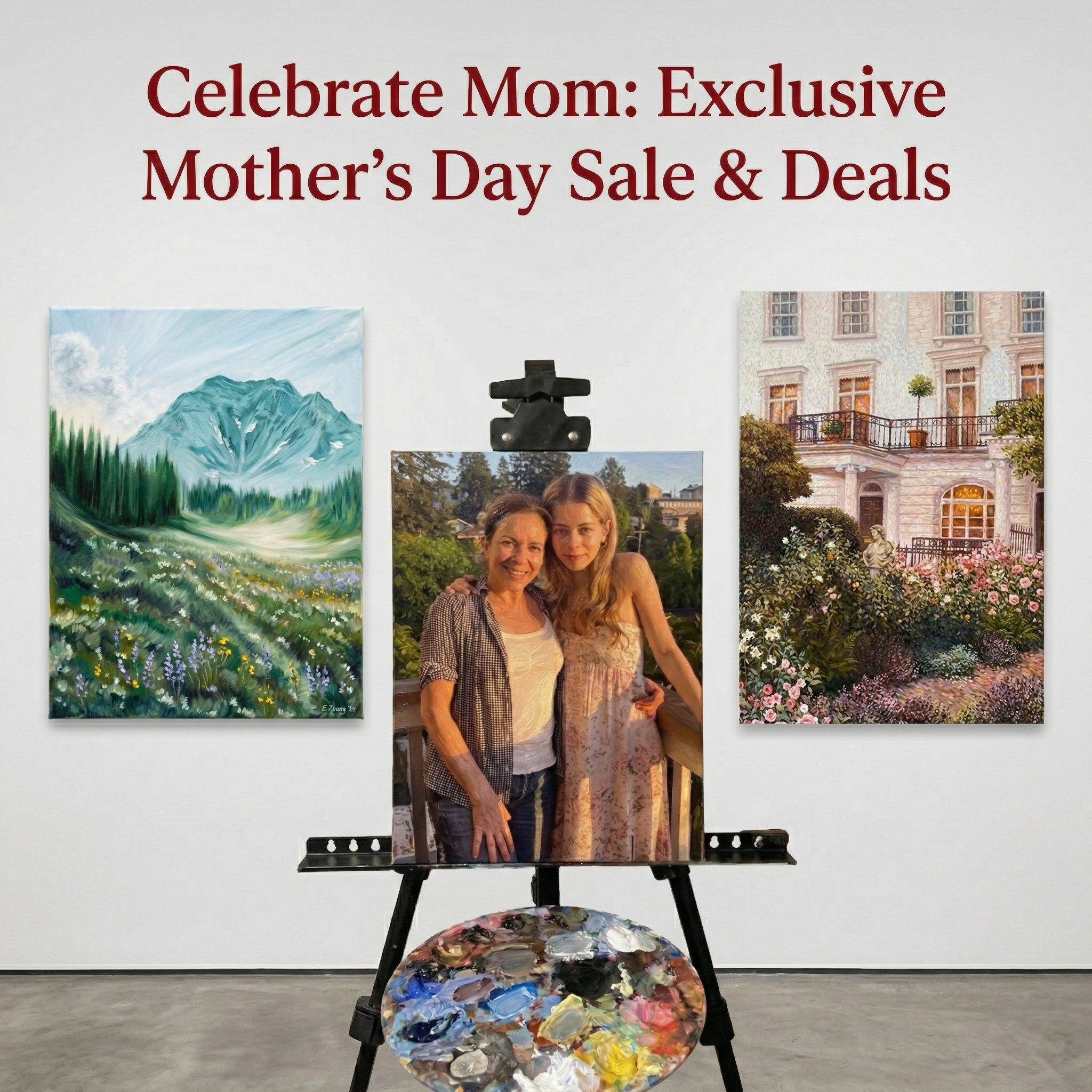 A promotional image for a Mother's Day art sale, featuring a portrait painting of a mother and daughter on an easel.