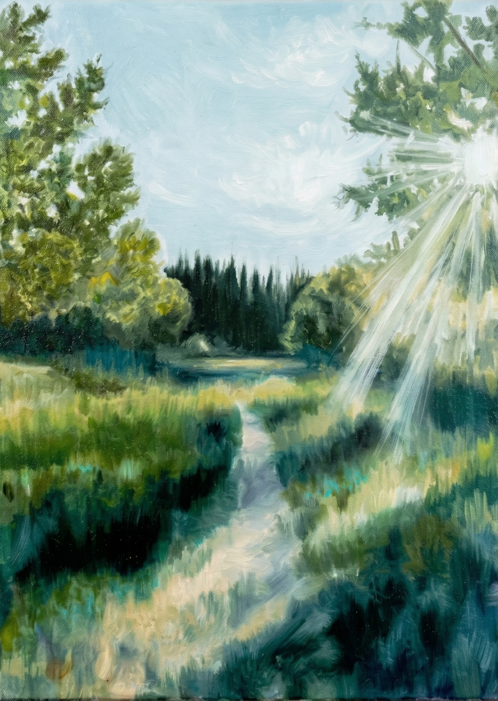 Sunlit Forest Path Hand-Painted Landscape Oil Painting | casso - casso