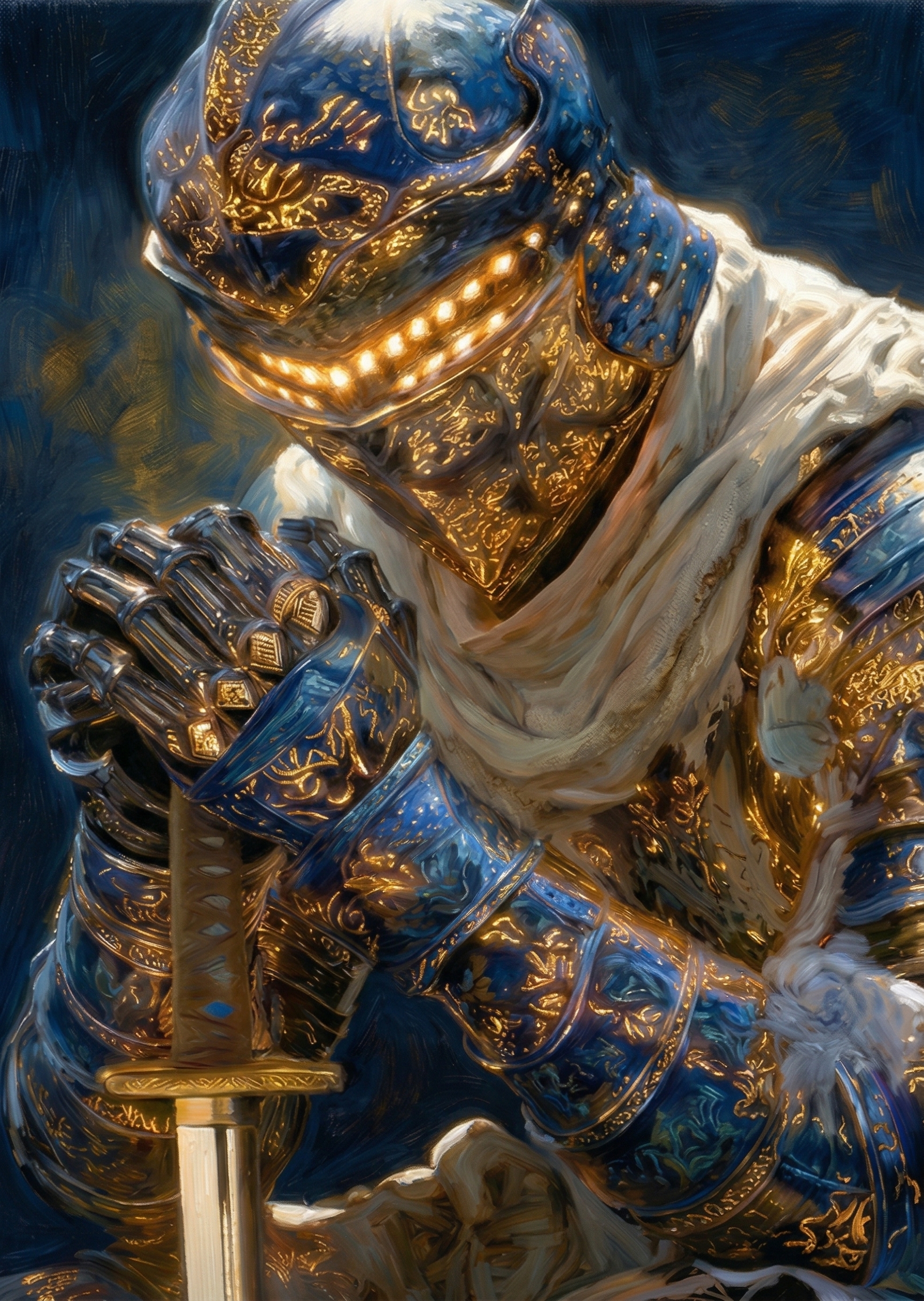 Detailed dark fantasy canvas art of a knight in ornate blue and gold armor with a glowing visor resting on a sword.