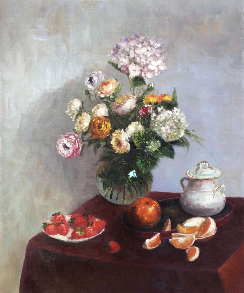 A still life painting of flowers in a glass vase, a plate of strawberries, orange slices, and a white ceramic bowl on a dark red table