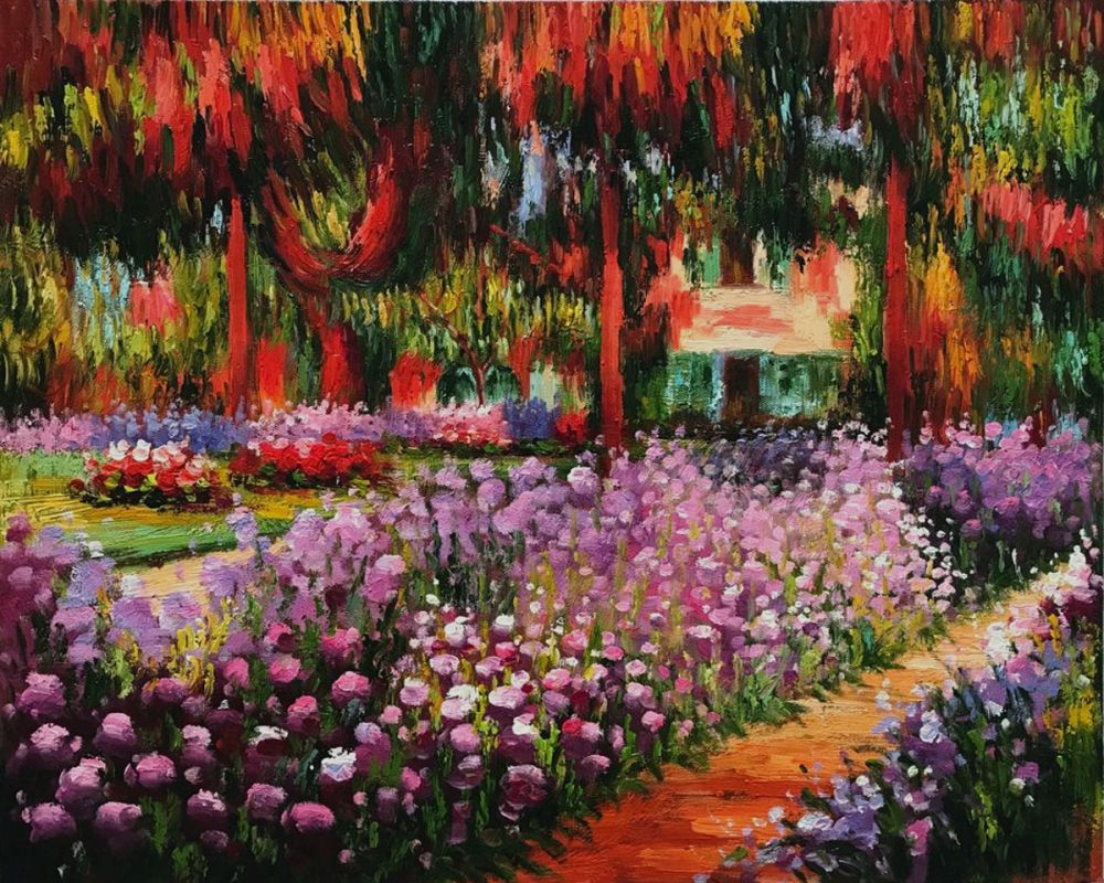 Impressionist oil painting style artwork of a vibrant garden path featuring purple flowers, red weeping foliage, and a distant house, 16x20 inches (40.6x50.8 cm)